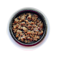 Turkish Food (Et Kavurma) Braised meat Beef, isolated on white background, clipping path, top view.