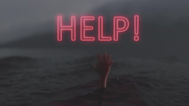 Hand of a drowning person sticking out of the water with a red neon help sign above. Cinematic symbolic 3D animation.