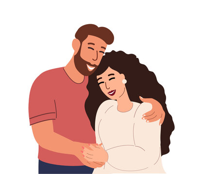 Happy Young Romantic Couple together.Wife,Husband hug each other.Supporting,Warm,loving relationships.Family people trust , help to each other.True Love.Smiling Woman and Man.Flat vector illustration