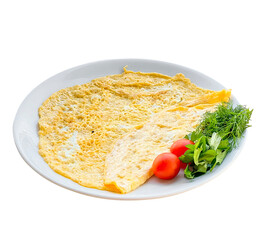 Omelet served with tomatoes and vegetables, clipping path, isolated on white background