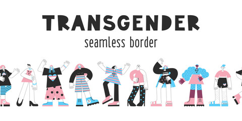 Transgender mtf and ftm people seamless border. Trans awareness and visibility. Diversity, equality, inclusion for genderqueer and crossddressers. LGBT pride month vector flat illustration set.