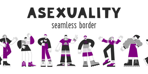 Asexual people seamless border. Ace awareness and visibility. Diversity, equality, inclusion for aromantic, demiromantic, demisexual. LGBT pride month vector flat illustration set.