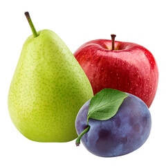 Apple, Pear, Plum, fruit mix, isolated on white background, full depth of field, clipping path