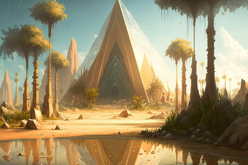 Desert with the mysterious pyramids of ancient Egypt.  Fantasy desert oasis landscape. unique pyramids. illustration art. Digital painting. Generative AI.