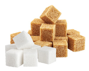 brown and white cane Sugar cubes isolated on white background, clipping path, full depth of field