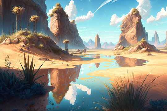 Fantasy desert oasis landscape. Desert. illustration art. Digital painting. Generative AI.