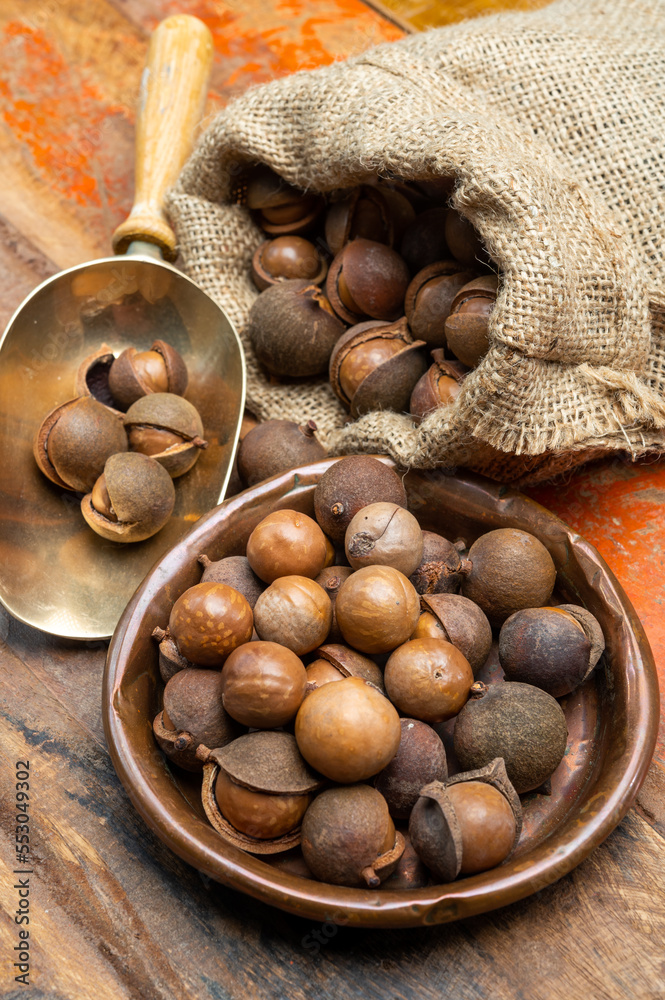 Wall mural New harvest of ripe fresh Australian macadamia nuts in shell with leaves