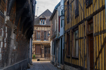 Medieval central part of Troyes old city with half timbered houses and narrow streets