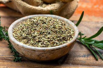 Herbes de Provence, mixture of dried herbs typical of the Provence region, blends often contain...