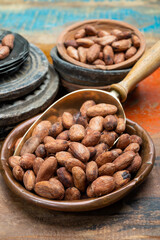 Cocoa or cacao beans, used in hot chocolate drink, chocolate, butter and solids
