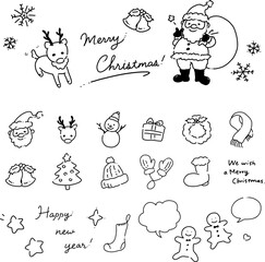 冬のクリスマス手描きイラストアイコンセット【線画】