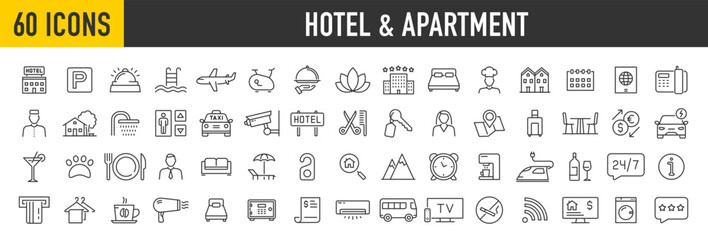 Fototapeta na wymiar WebSet of 60 Hotel and apartament web icons in line style. Rental, reservation, hotel booking, room, parking, travel, service, airport, collection. Vector illustration.
