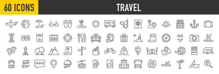 Fototapeta na wymiar Set of 60 Travel and tourism web icons in line style. Airplane, trip, beach, passport, luggage, camping, hotel, summer vacations, collection. Vector illustration.
