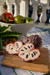 Cherimoya or custard apple tasty tropical exotic fruits close up