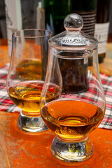 Tulip-shaped tasting glass with dram of Scotch single malt or blended whisky on wooden table with tartan