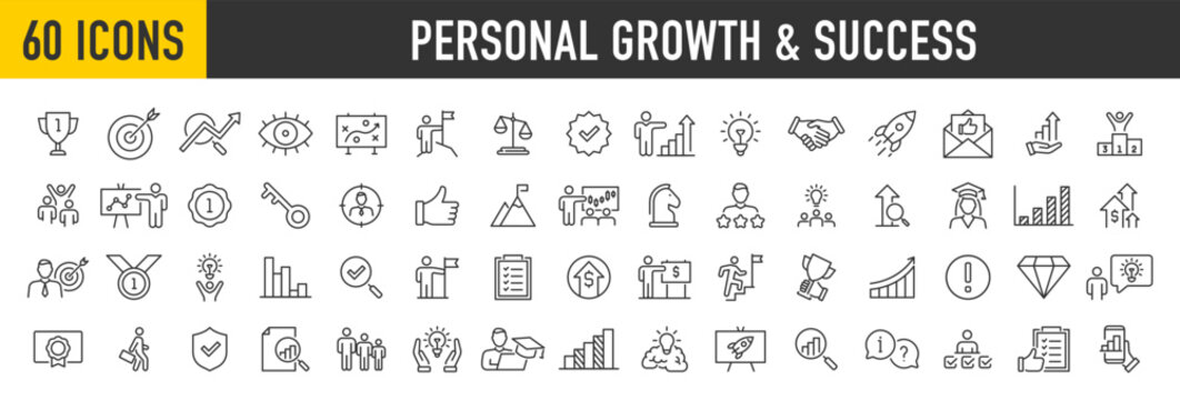 Set of 60 Personal growth and success web icons in line style. Handshake, growth profit, innovation, increase sale, coaching, progress, strategy, achievment, collection. Vector illustration.