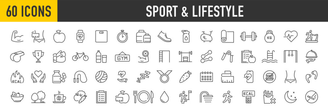 Set of 60 Sport and lifestyle web icons in line style. Fitness, entertainment, healthy food, gym, training, workout, muscle, nutrition and dieting, collection. Vector illustration.