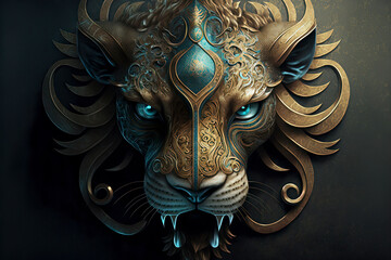 Ornate Decorative Mask with Blue and Gold Lion Head made with Generative AI