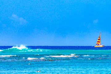 Naklejka premium Colorful Sailboat Swimmers Blue Water Waikiki Beach Honolulu Hawaii