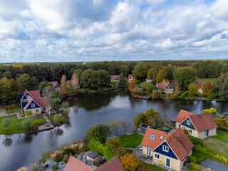 Naklejka na ściany i meble Dutch landscape, aerial view on houses and lakes in Drenthe province, Netherlands