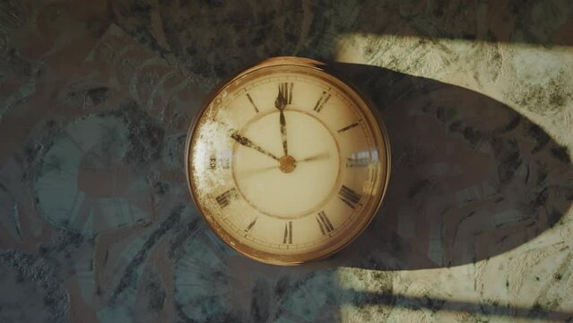 Deadline. Timelapse of clock hands till twelve o'clock. Sunlight and window shadow moving on the wall. Cinematic photorealistic 3D animation.