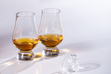 Tulip-shaped tasting glasses with dram of Scotch single malt or blended whisky on white background