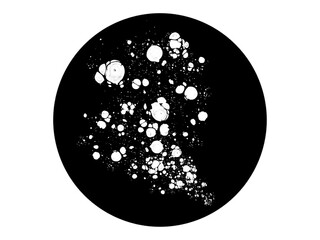 Abstract black circle with cut out smudge texture inside,  brush strokes and splashes, paint mark, contrast, monochrome, minimal isolated element, bubbles and dots texture