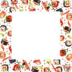 Watercolor hand drawn template illustration with sushi and rolls on white background.