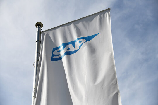 Bonn, Germany - May 15, 2022: SAP flag in Bonn, Germany - SAP is a German based multinational software corporation