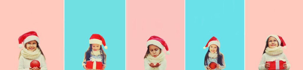 Collage of christmas image of happy little girl child in santa red hat with gift box on pink blue background, blank copy space for advertising text