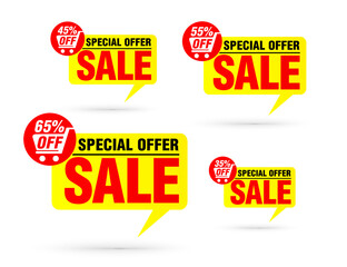 Sale yellow tag speech bubble set with shopping cart. Special offer 35%, 45%, 55%, 65% off discount
