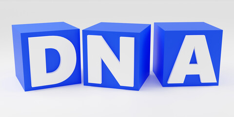 3d render DNA symbol on blue cubes and light background. Simple minimalism concept.