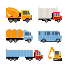 Truck or Lorry, Excavator and Bus as Motor Vehicle and Urban Transport Vector Set