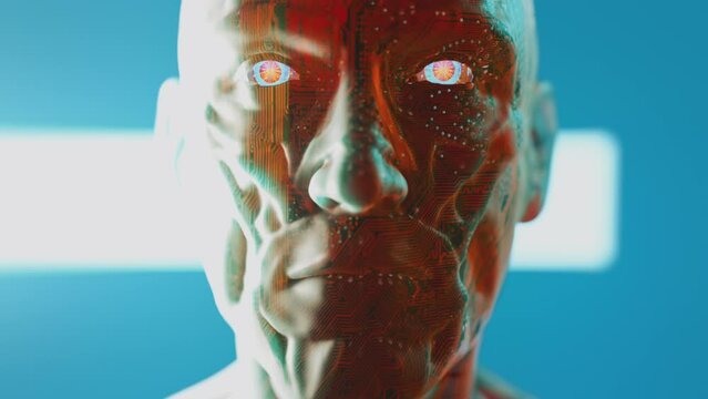 Android or cyborg with translucent skin, glowing eyes and visible circuits. 3D cinematic sci-fi animation. Metaphor of artificial intelligence.
