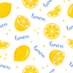 Lemon positive seamless pattern. Whole, half and slices of ripe yellow lemons and blue text on white background. Summer fruits theme wallpaper. 