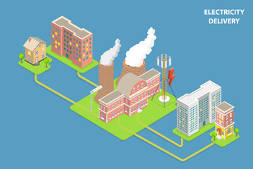 3D Isometric Flat Vector Conceptual Illustration of Electricity Delivery and Distribution, Energy Plan
