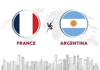 Argentina vs France final soccer flag design on Qatar skyline background for the football tournament, this vector for sports match template or banner in vector illustration. Editable EPS.