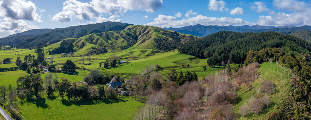 Fototapeta na wymiar Panorama of the foothills and Tararua ranges From Gladstone Rd near Levin in Horowhenua in New Zealand. Showing farmland, rural housing, bush and forest with some trees in winter colours