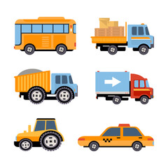 Bus, Lorry, Delivery Truck, Dump, Tractor and Taxi as Motor Vehicle and Urban Transport Vector Set