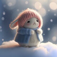 Obraz premium Cute character baby rabbit, dressed in a knitted sweater and hat, stands in the snow in winter.