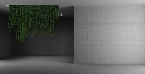 Empty loft concrete room for background, concrete space with open skylight with green hanging plants from the ceiling.Open plan corridor or hallway,  presentation background, stone wall.3d rendering, 