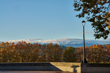Historic center of Pau, with the view over the Pyrénées mountains during autumn
