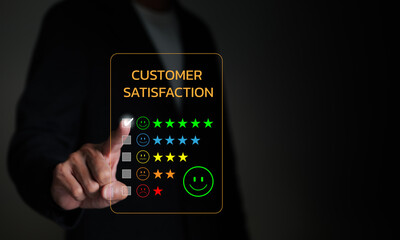 User gives rating to service experience on virtual screen. quality review, best rating positive five star, marketing research, satisfaction user. Customer review satisfaction feedback survey concept.