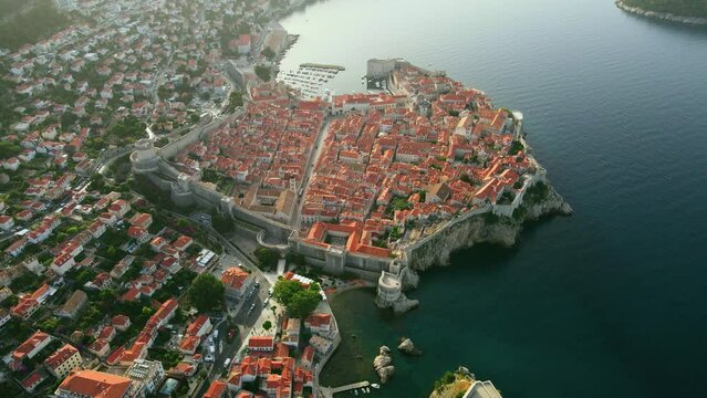 Aerial view of the old town of Dubrovnik and Adriatic sea in Dalmatia, Croatia. drone 4k video. Summer vacation destination