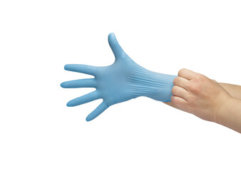  hand puts on blue disposable medical gloves isolated on white background. Infection control concept.
