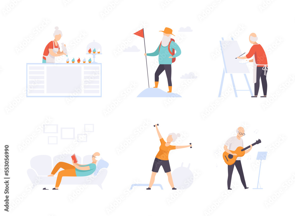 Sticker senior man and woman engaged in different activity on retirement vector set