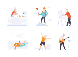 Senior Man and Woman Engaged in Different Activity on Retirement Vector Set