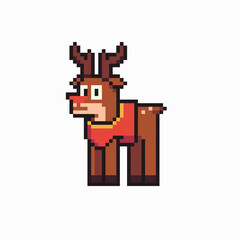 Fototapeta premium Winter deer with funny face emoji and red nose. Pixel art style character. 8 bit vector illustration