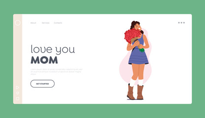 Young Woman Holding Flowers Bouquet Landing Page Template. Happy Female Character Receive Present for Birthday