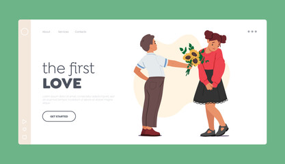 First Love Landing Page Template. Child Boy Giving Flowers to Girl Friend. Little Kid Character Presenting Blossoms
